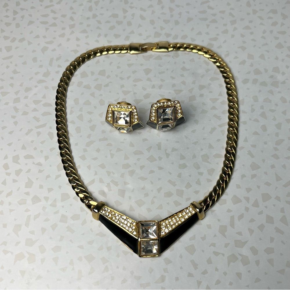 Park Lane Gold Tone Black Enamel Rhinestone Collar Bib Necklace & Earrings